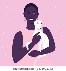 A curvy African woman holding a puppy. Pet adoption and fostering. Veterinary. Vector illustration in flat style