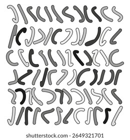 Curvy arrow strokes. Organic squiggle set. Flexible direction Vector. Playful brush emblem.