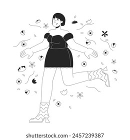 Curvy asian woman loving herself black and white 2D line cartoon character. Korean lady with overweight in flowers isolated vector outline person. Body positive monochromatic flat spot illustration