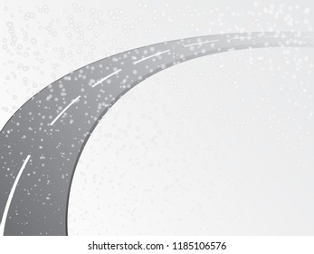 A curvy asphalt highway road with snowfall in winter season vector illustration