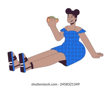 Mujer negra curvada que sostiene el carácter lineal 2D de la historieta del sándwich. Mujer afroamericana con sobrepeso sentada aislada en línea de Vector persona fondo blanco. Ilustración de mancha plana de color sobrecalentador