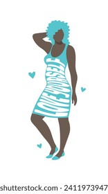 Mujer negra curvada con un vestido apretado con el lema Ama tú mismo. Concepto positivo corporal. Ilustración vectorial dibujada a mano aislada