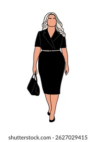 Curvy business woman in black office dress walking with bag. Colored outline vector hand drawn illustration isolated on white background