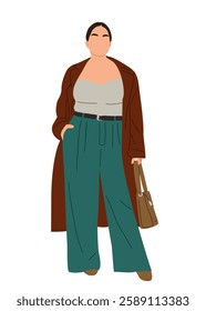 Curvy business woman in casual clothes standing, holding brown purse. Pretty plus size girl dressed for a formal occasion. Flat vector illustration isolated on white background