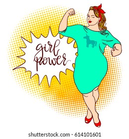 Curvy cartoon girl. Inscription: girl power. Comic pin-up, hand drawn pop art. Vector colorful hand drawn background in retro comic style. Plus size concept