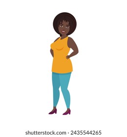 Curvy cheerful woman standing, happy body positive fashion model with afro style hair vector illustration