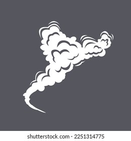 Curvy cloud of steam on grey background cartoon illustration. White comic trail of smoke, fog, hot steam or fume. Vapor, atmosphere, wind concept