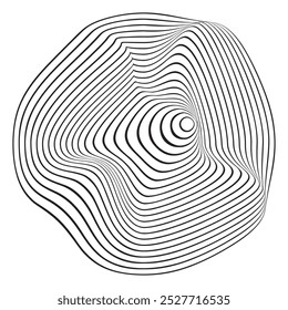 Curvy concentric circles. Topo map or wood texture. Pulse, noise or ripple icon isolated on white background. Synthwave sign. Dynamic, motion or signal symbol. Trendy cyber shape. Vector illustration.