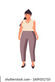 Curvy dark haired woman flat vector illustration. Plump caucasian girl cartoon character wearing white blouse and pants. Body positive, plus size female isolated on white background.