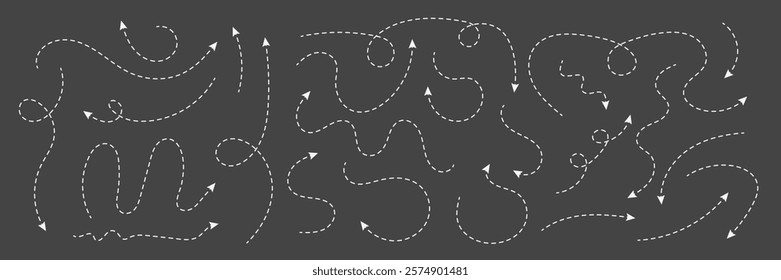 Curvy dash arrows set on black background. Vector