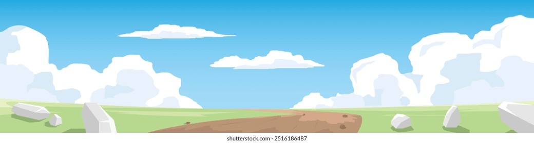 Curvy dirt road on the meadow. Gravel road leading to the destination ahead. Rolling hills and green fields. Scattered rocks on the ground. Vector or Illustration transport and nature background.