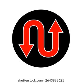 Curvy Up and Down Red Arrows Inside Black Circle Directional Symbol Vector Icon