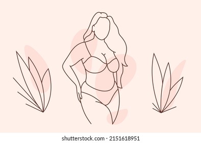 Curvy Female Underwear Illustration. Plus Size Model. Minimalistic Linear Body Positive Woman. Chubby Girl Figure Line Art. Simple Bikini Poster. Summer Sexy Bra. Vector Big Feminist Lady. 2d Print