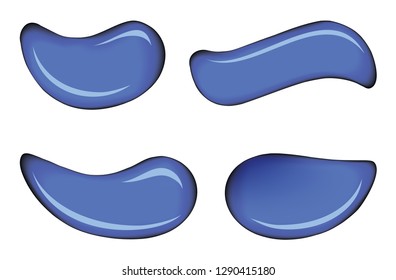 Curvy form bright cyan color enamel dye sign on white backdrop. Smooth twirl skincare shiny gloss navy pour logo set design surface. Art wet symbol icon. Close-up macro view with space for text