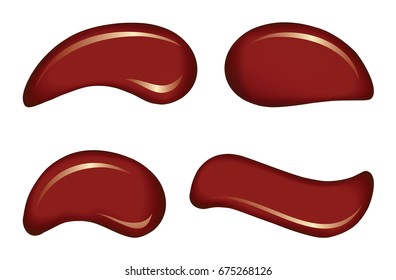 Curvy form dark red color enamel ink dye on white backdrop. Smooth shiny gloss pour splat set design surface. Curl yummy sweet wet molten spread spot. Close-up macro view with space for text