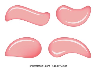 Curvy form gentle rose color spread enamel dye on a white backdrop. Smooth shiny gloss water pour sample. Art soft wet red lip blusher tone stroke skincare icon. Close up macro view and space for text