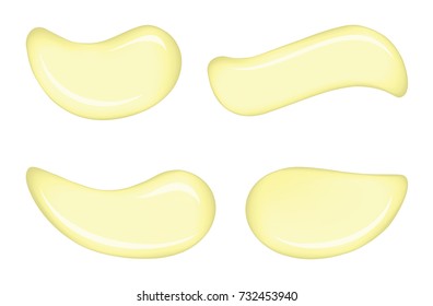 Curvy form soft tender lemon color enamel dye isolated on white surface backdrop. Smooth shiny gloss wet fat pour splat icon set design. Tasty sweet spread. Close-up top macro view with space for text