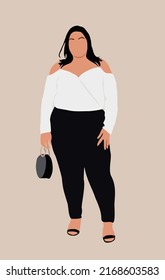 Curvy girl wearing formal office summer outfit. Attractive woman standing. Plus size fashion model. Cartoon style fashion vector art illustration.