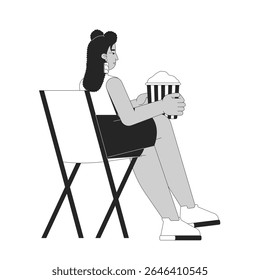 Curvy hispanic woman sitting in folding chair eating popcorn 2D line character. Plus size latina girl with popcorn bucket isolated vector ink outline person. Monochromatic spot illustration