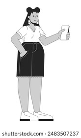 Curvy hispanic woman taking photo with phone black and white 2D line cartoon character. Plus sized latina girl with smartphone isolated vector outline person. Monochromatic flat spot illustration