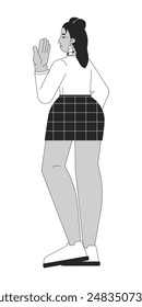 Curvy hispanic young woman covering mouth in surprise black and white 2D line cartoon character. Female student in school uniform isolated vector outline person. Monochromatic flat spot illustration
