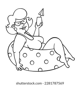 Curvy lady funny pool party outline sketch coloring book  vector elderly woman relaxed holiday