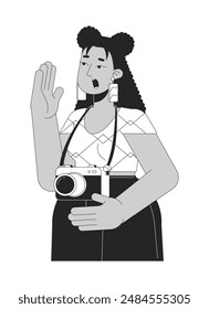 Curvy latina female photographer sightseer black and white 2D line cartoon character. Plus sized woman traveler with camera isolated vector outline person. Tourist monochromatic flat spot illustration