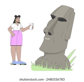 Curvy latina tourist taking photo of moai statue 2D linear cartoon character. Hispanic female with phone isolated line vector person white background. Easter island tour color flat spot illustration