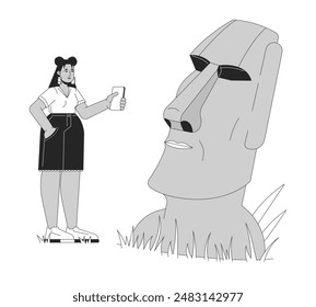 Curvy latina tourist taking photo of moai statue black and white 2D line cartoon character. Female with phone isolated vector outline person. Easter island tour monochromatic flat spot illustration