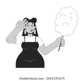 Curvy latina woman with candy floss black and white 2D line cartoon character. Latin american obese female showing v sign isolated vector outline person. Lifestyle monochromatic flat spot illustration