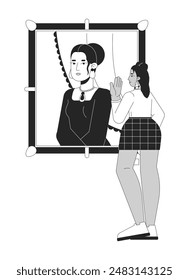 Curvy latina woman looking at mona lisa painting black and white 2D line cartoon character. Hispanic female enjoying famous artwork isolated vector outline person. Monochromatic flat spot illustration