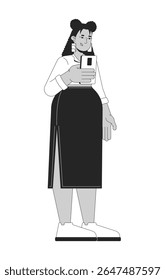 Curvy latina woman taking photo on smartphone 2D line character. Plus size hispanic female in casual wear mobile phone selfie isolated vector ink outline person. Monochromatic spot illustration
