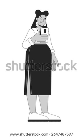 Curvy latina woman taking photo on smartphone 2D line character. Plus size hispanic female in casual wear mobile phone selfie isolated vector ink outline person. Monochromatic spot illustration