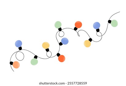 Curvy line with colorful ball shaped garland lights on a black string. Decoration element isolated on white background.