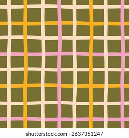 Curvy Line Plaid Seamless Pattern. Rustic Grid Background. Hand drawn vintage and modern minimalist style. Repeat vector illustration