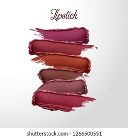 Curvy lipstick smear set, smoothly smudged. Makeup sample, use for advertising flyer, banner, brochure and booklet. Vector make up beauty illustration. Creamy lipsrick product sample