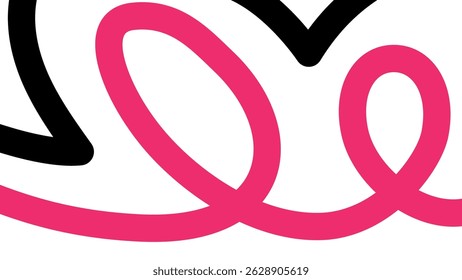 Curvy looped strokes in pink and white contrast against bold black shapes on a bright background, emphasizing movement and rhythm.