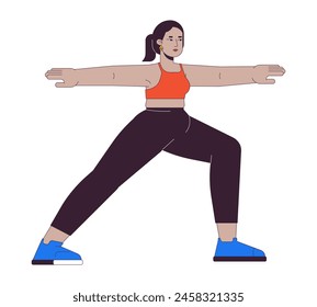 Curvy middle eastern woman practicing yoga 2D linear cartoon character. Plus sized arab female training isolated line vector person white background. Body positive color flat spot illustration