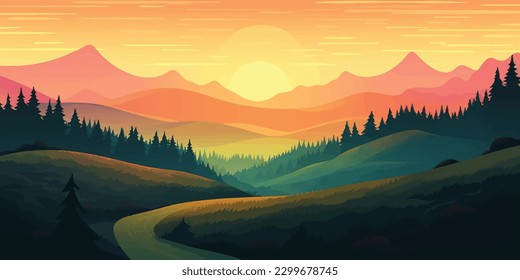 Curvy Mountain Drive  Rural Adventure Through Summer Forest and Countryside Sunset