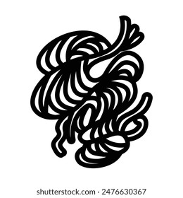 Curvy noodles with abstract shape icon illustration black outlined isolated on square white background. Simple flat cartoon art styled drawing.