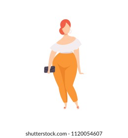 Curvy, overweight girl in fashionable clothes, beautiful plus size fashion woman, body positive vector Illustration on a white background