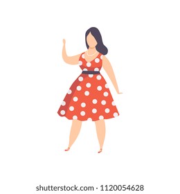 Curvy, overweight girl in red polka dot retro dress, beautiful plus size fashion woman, body positive vector Illustration on a white background