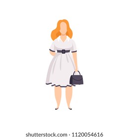 Curvy, overweight girl in white dress, beautiful plus size fashion woman, body positive vector Illustration on a white background