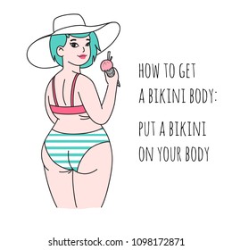 Curvy Plus Size Beautiful Girl With Ice Cream In Bikini Or Swimsuit. Happy Bodypositive Concept. Pin Up Style. For Fat Acceptance Movement, No Fatphobia, Girl Power