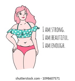 Curvy Plus Size Beautiful Girl In Bikini Or Swimsuit. Happy Bodypositive Concept. Pin Up Style. For Fat Acceptance Movement, No Fatphobia, Girl Power