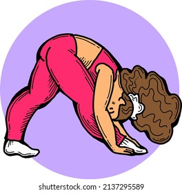 Curvy plus size woman has yoga class and make relaxation pose to be strong and trains her body. Hand drawn colorful retro vintage vector  illustration. Comics cartoon old style drawing.