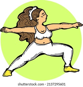 Curvy plus size woman has yoga class and make relaxation pose to be strong and trains her body. Hand drawn colorful retro vintage vector  illustration. Comics cartoon old style drawing.
