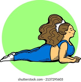 Curvy plus size woman has yoga class and make relaxation pose to be strong and trains her body. Hand drawn colorful retro vintage vector  illustration. Comics cartoon old style drawing.