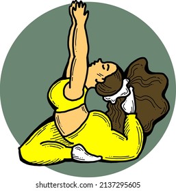 Curvy plus size woman has yoga class and make relaxation pose to be strong and trains her body. Hand drawn colorful retro vintage vector  illustration. Comics cartoon old style drawing.