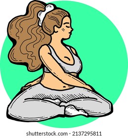 Curvy plus size woman has yoga class and make relaxation pose to be strong and trains her body. Hand drawn colorful retro vintage vector  illustration. Comics cartoon old style drawing.